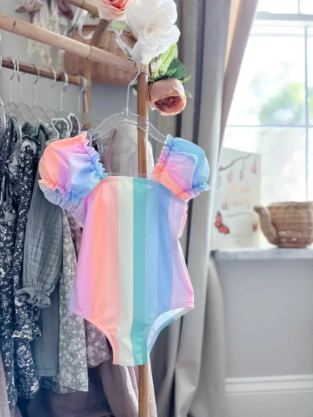 New Darling Pastel Stripe Rainbow Puff Slv Swimsuit 2/3